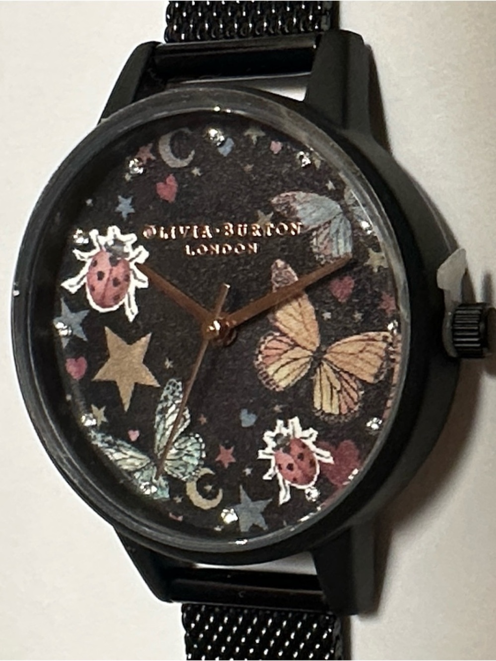 OLIVIA BURTON Black Dial Butterfly & Ladybug Rose Gold Hands Mesh Watch NWOT - Picture 2 of 7
